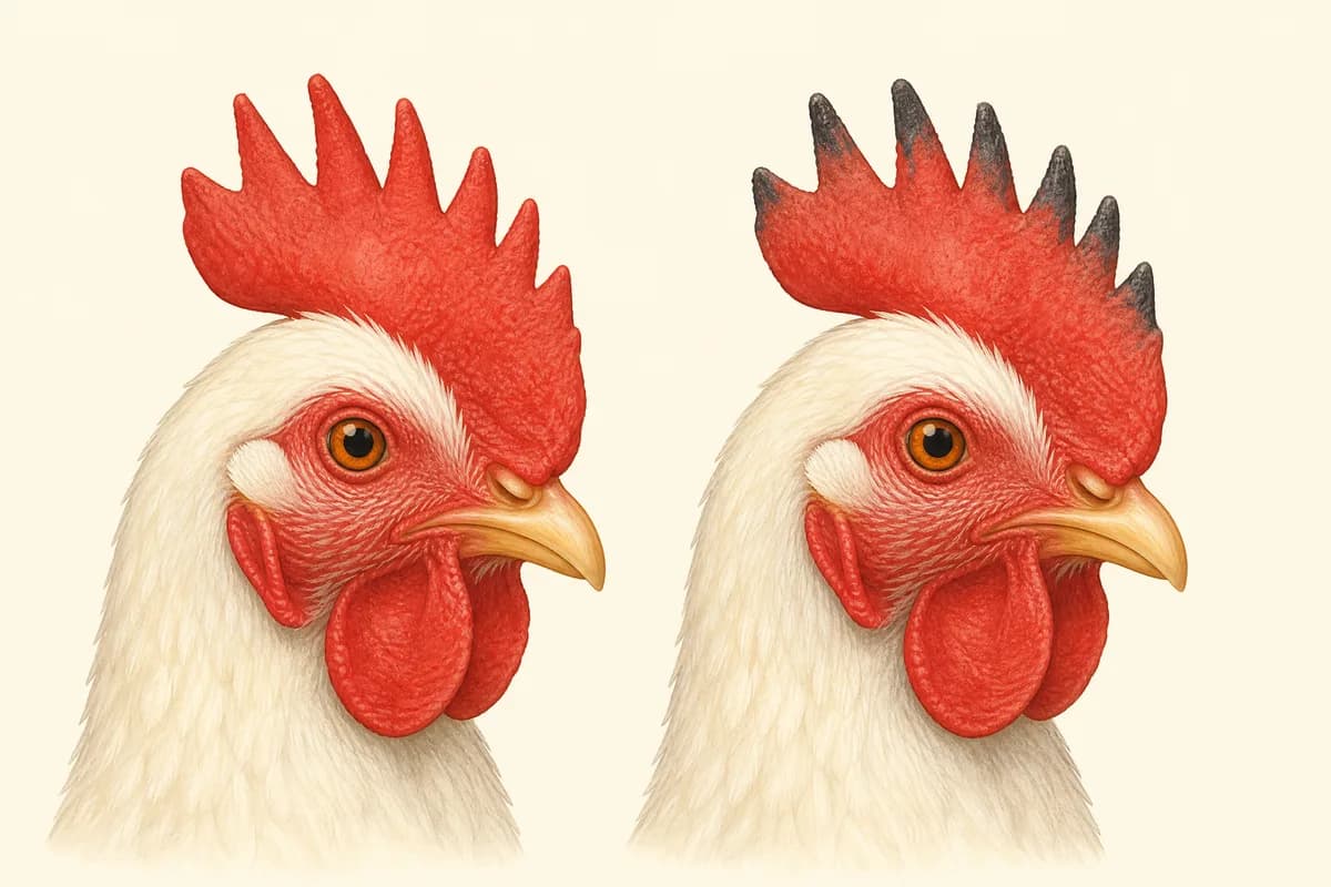 Illustration of a healthy comb next to a frostbitten comb with dark tips