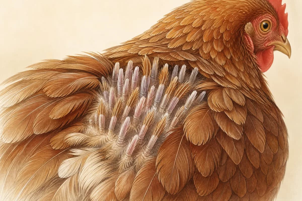 Close-up of new pin feathers growing in on a molting hen