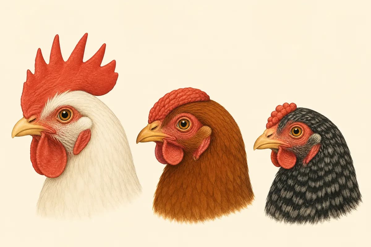 Illustration of a single comb, a rose comb and a pea comb side by side