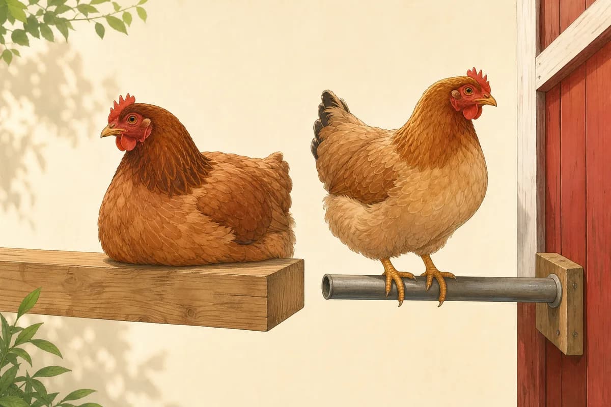 Illustration of a hen covering her feet on a flat wooden roost