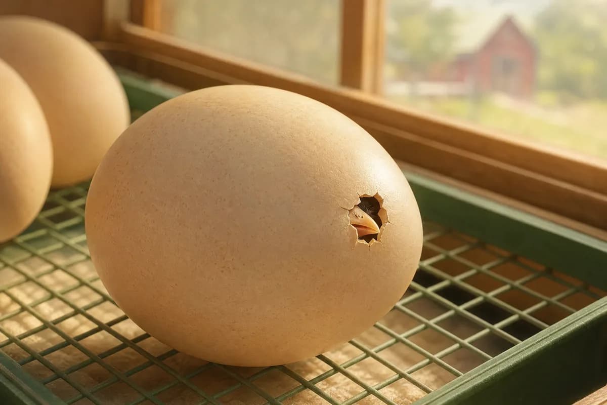 A chicken egg with an external pip, the chick's beak just visible