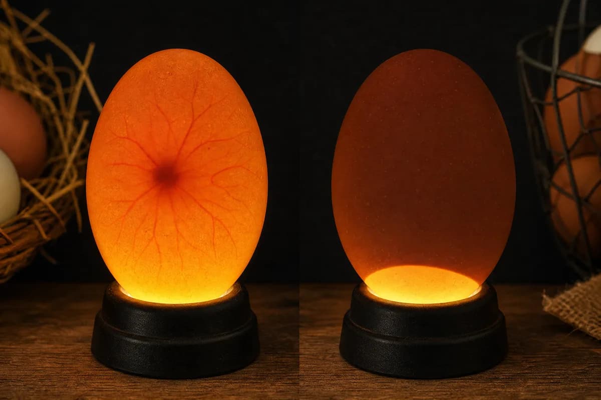 Two candled chicken eggs: one with a small embryo and veins, one mostly dark with an air cell