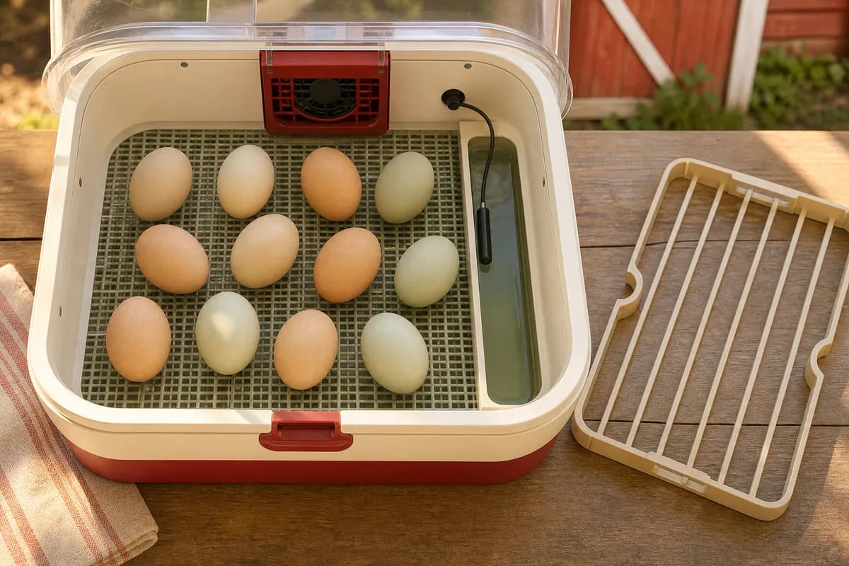 Inside an incubator at lockdown: turner removed, eggs flat on the floor, water channel filled