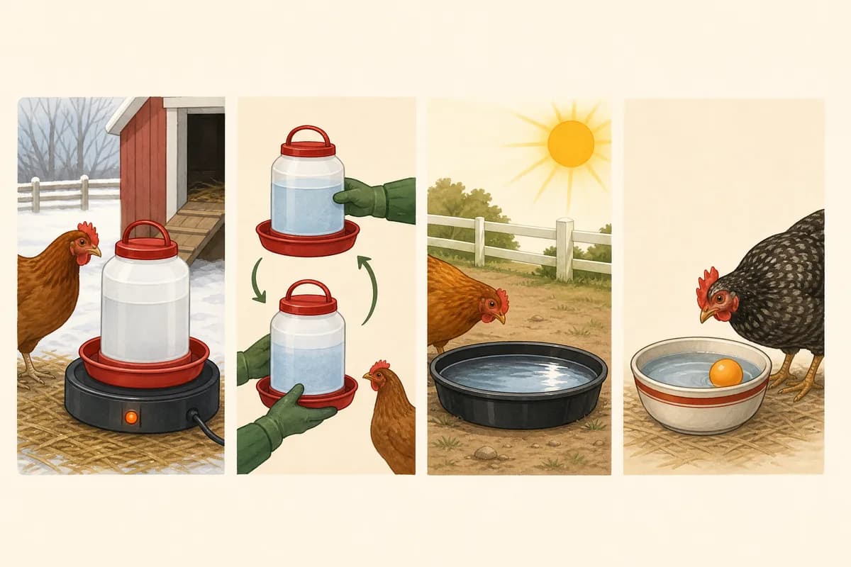 Illustration of four ways to keep chicken water from freezing