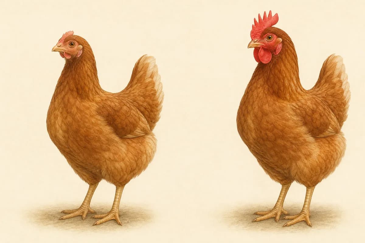 A young pullet with a small pale comb next to the same hen near laying age with a large red comb