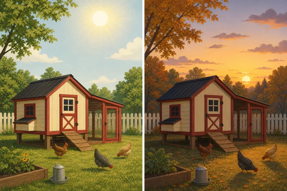 The same coop on a long summer day and a short autumn day