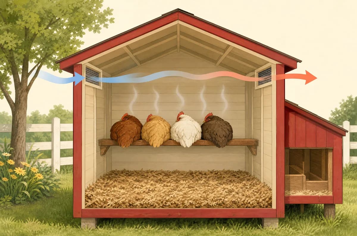 Illustration of air moving through a coop above the roosting hens