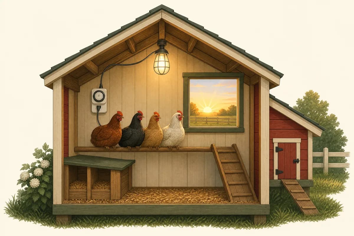 Illustration of a coop light on a timer switching on at dawn