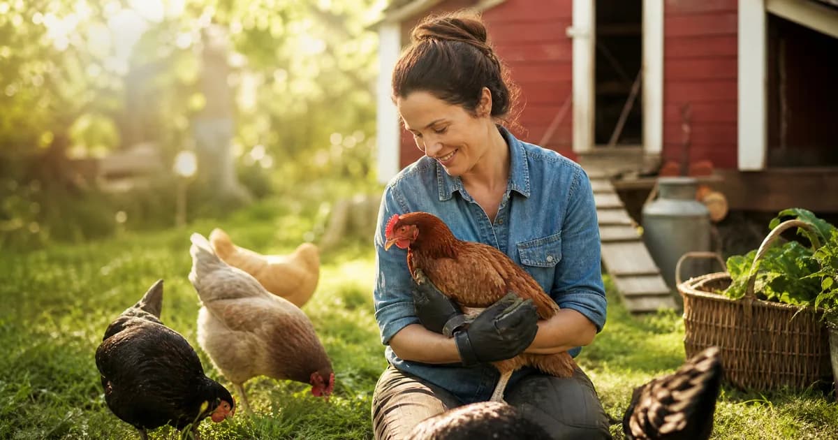 A backyard keeper gently holding a calm hen while other hens peck nearby