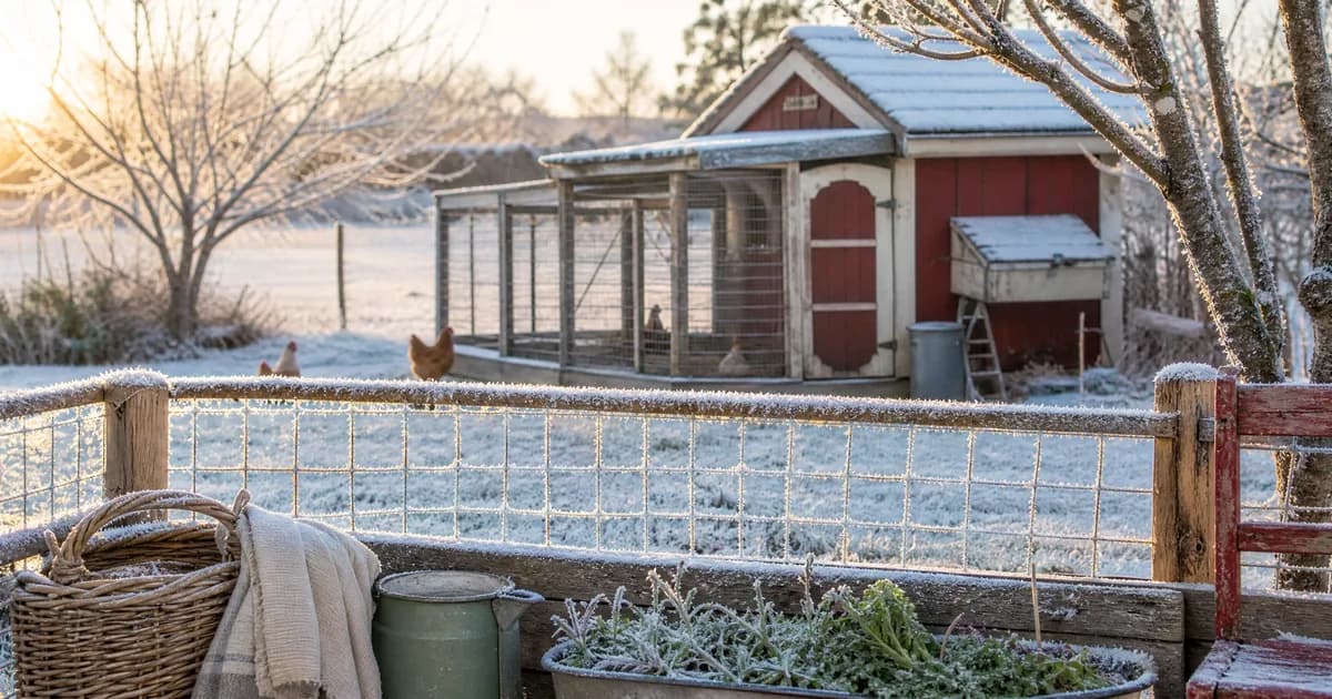 A frosty backyard coop and run on a winter morning