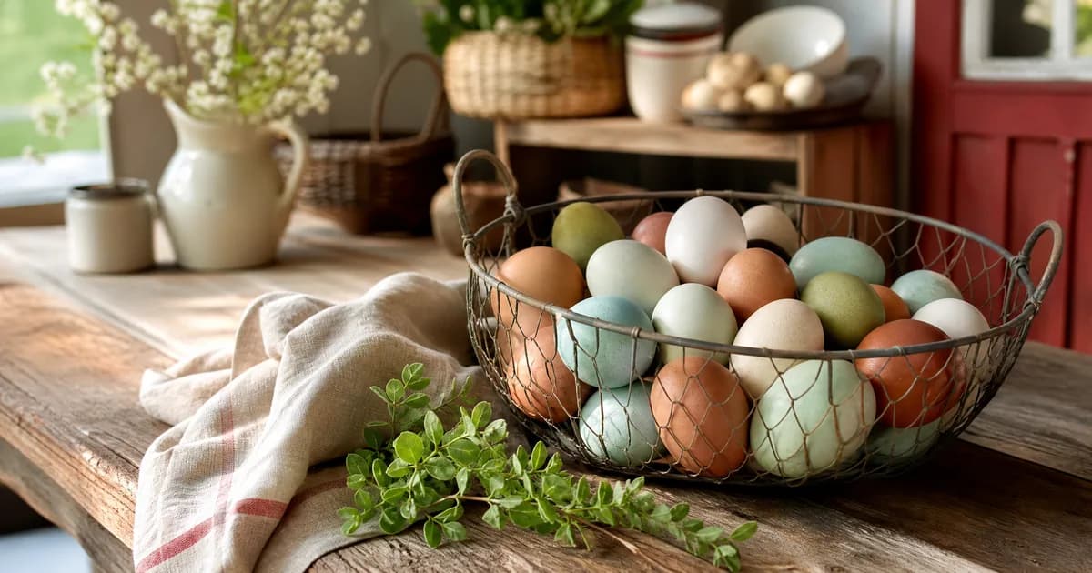 A basket of fresh eggs in blue, green, olive, chocolate, brown, cream and white