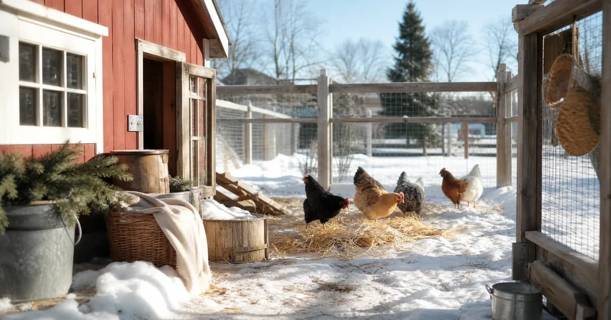Chickens scratching on straw by a red coop in a snowy yard