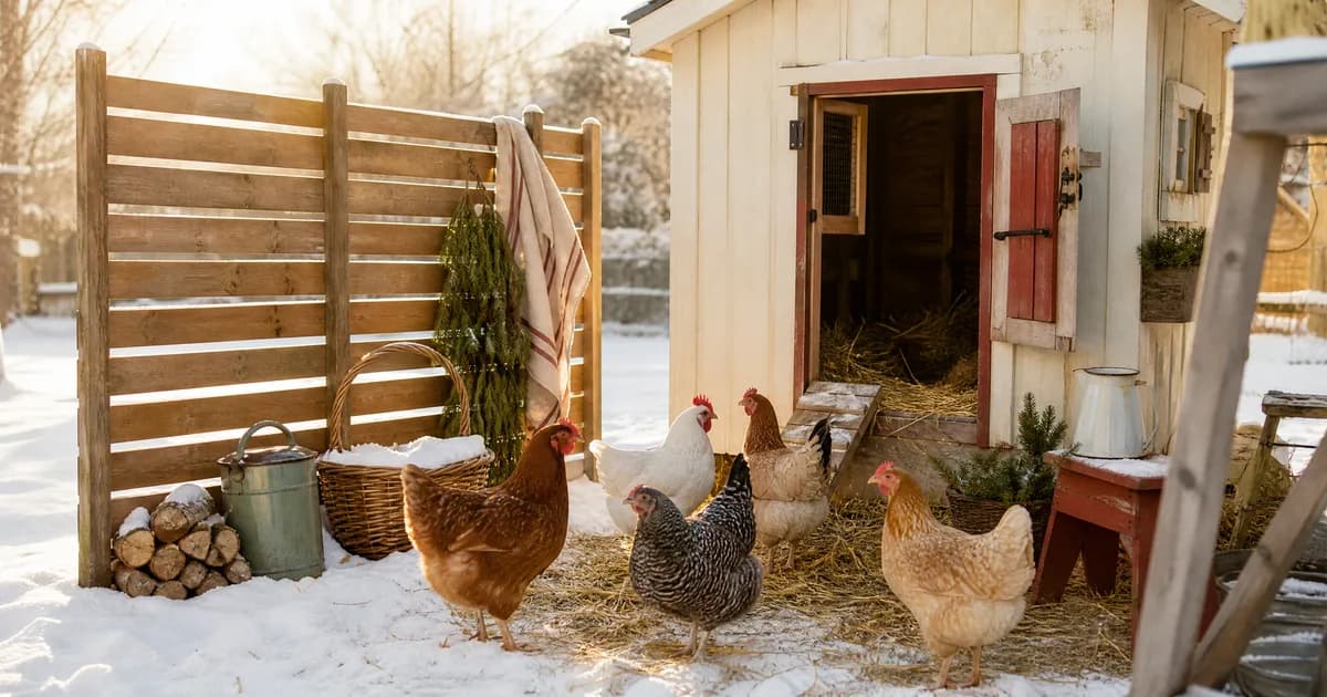 Hens outside a snowy backyard coop on straw by the door