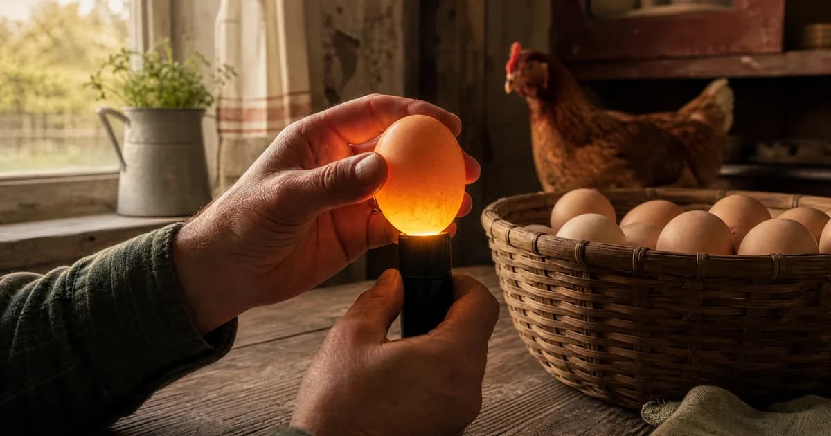 Hands candling a chicken egg with a small flashlight at a farmhouse table, a hen and a basket of eggs nearby