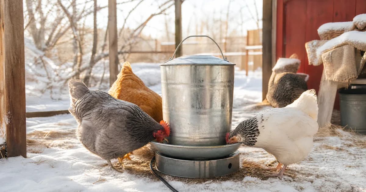 Hens drinking from a waterer on a heated base in the snow
