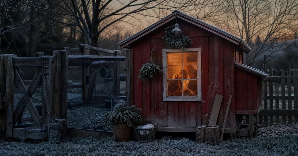 A backyard coop glowing with light on a dark winter morning