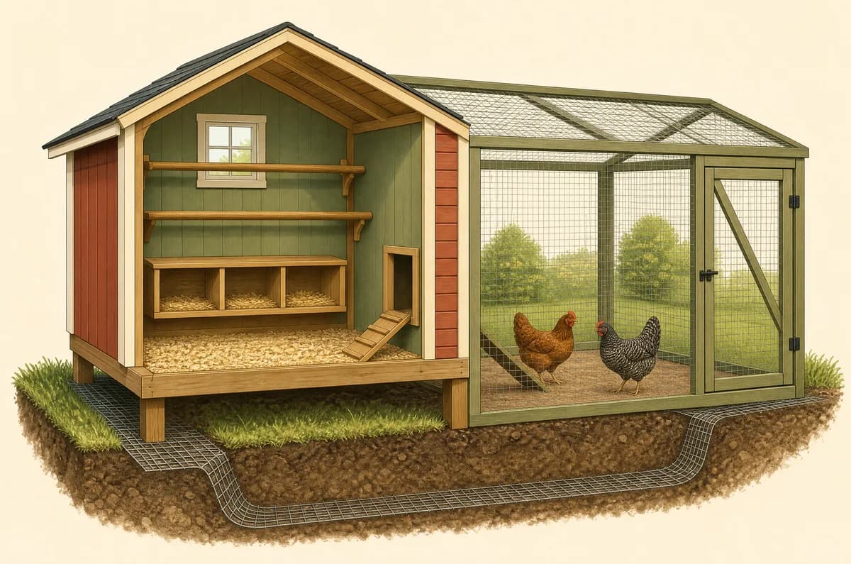 Cutaway illustration of a coop with roosts, nest boxes and a run with buried wire