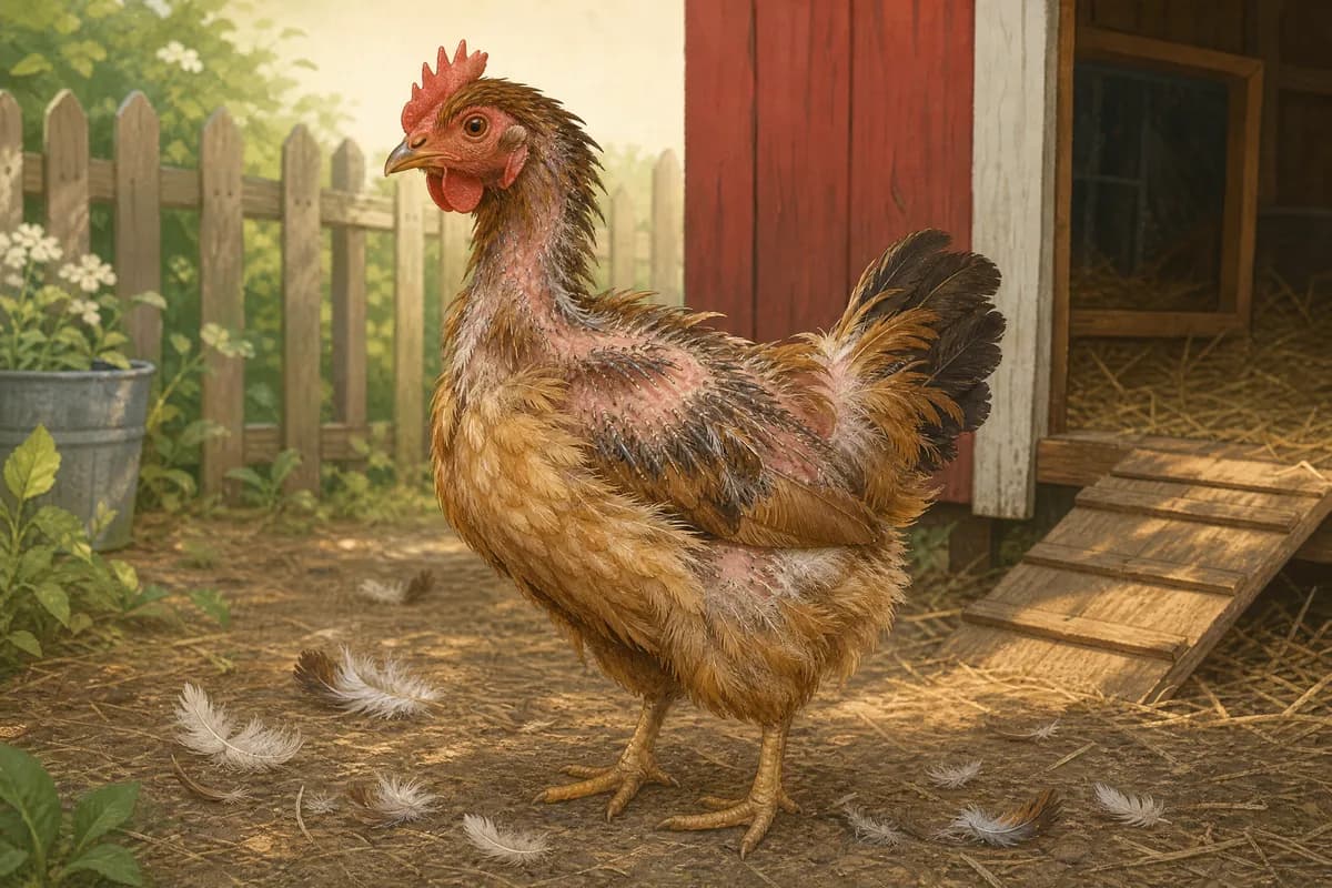 A hen in molt with patchy feathers and loose feathers on the ground