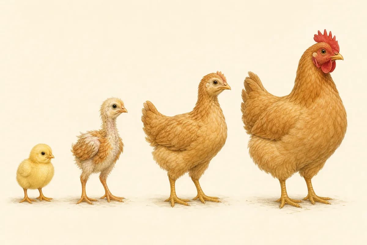The same chicken growing from a fluffy chick to a young hen ready to lay